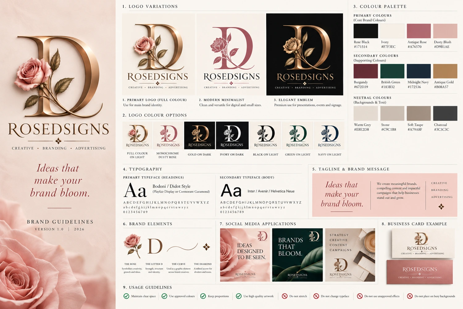 RoseDsigns brand guidelines, colour palette and visual identity